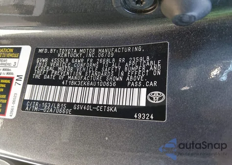 2010 Toyota Camry Se V6 z USA, uszkodzony, nr VIN 4T1BK3EK6AU100656
